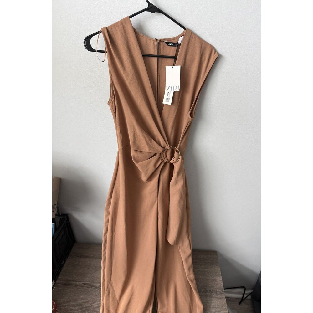 Zara Women’s Tan Sleeveless V-Neck Wide Leg One-Piece Jumpsuit Size XS